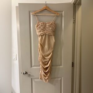 HOUSE OF CB LONDON light pink/ nude midi dress; sheer chiffon; ruching size XS